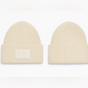 COACH Cream Knit Beanie with Leatherware Logo Patch – Unisex Winter Hat